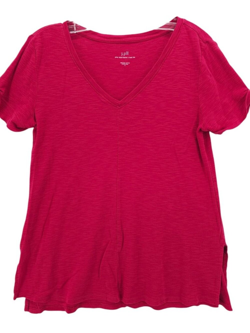 J JILL Red Short Sleeve Tee 100% Pima Cotton V-Neck Side Slits Size SMALL